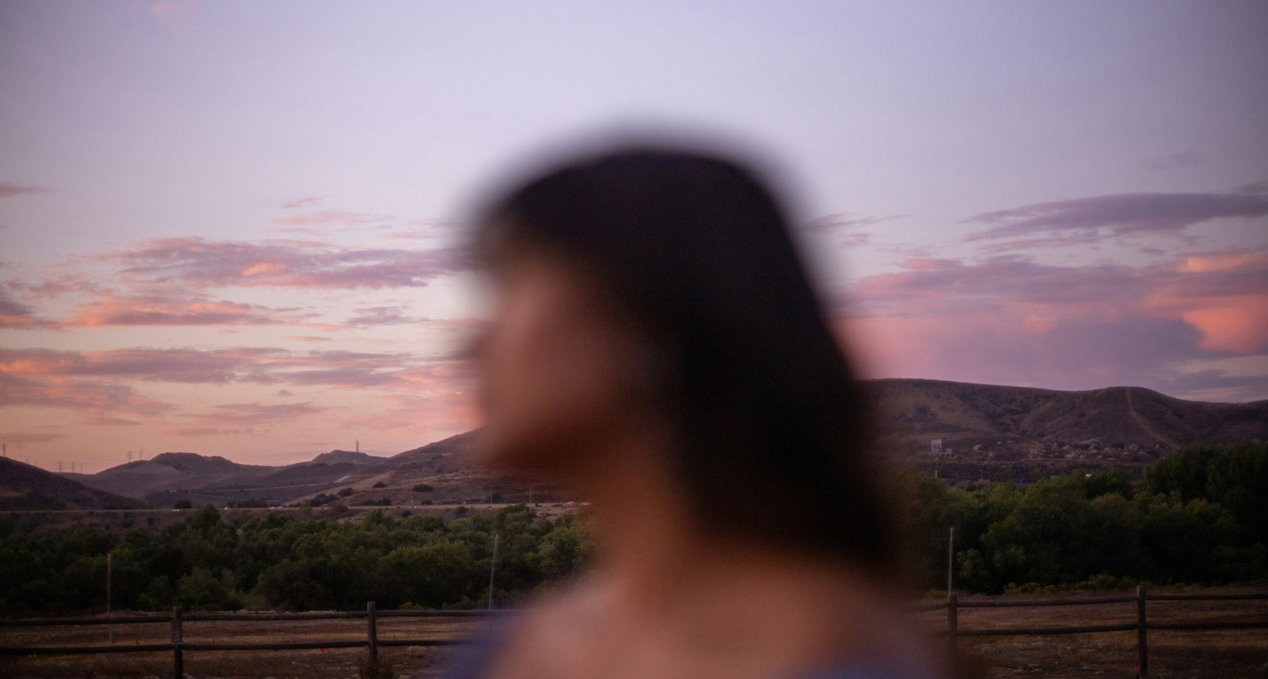 A person's blurred profile in front of a landscape with trees, mountains and a blushing sky