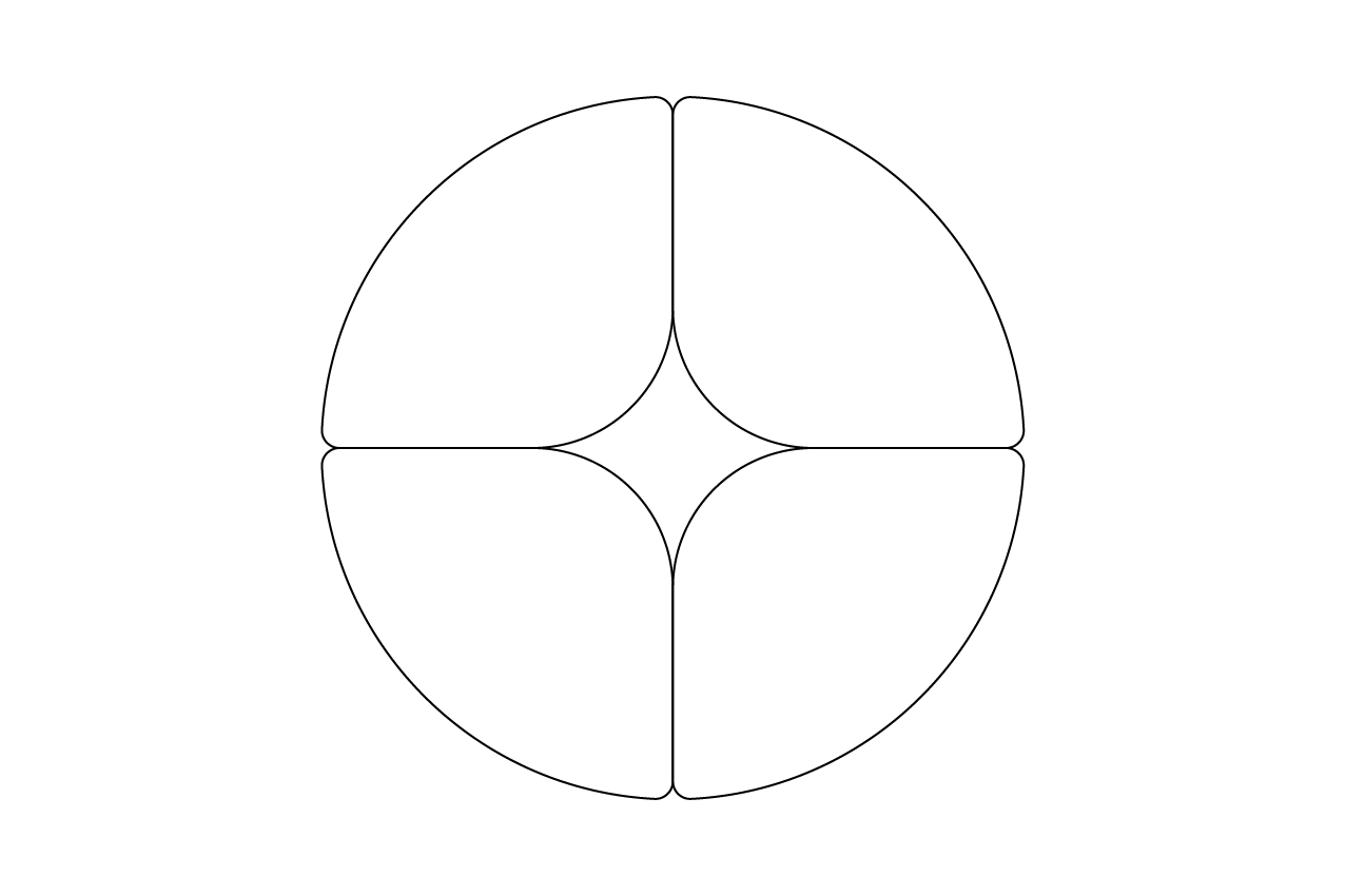 Lineart illustration of a circle consisting of four equal parts with rounded corners leaving a four edged star in the middle
